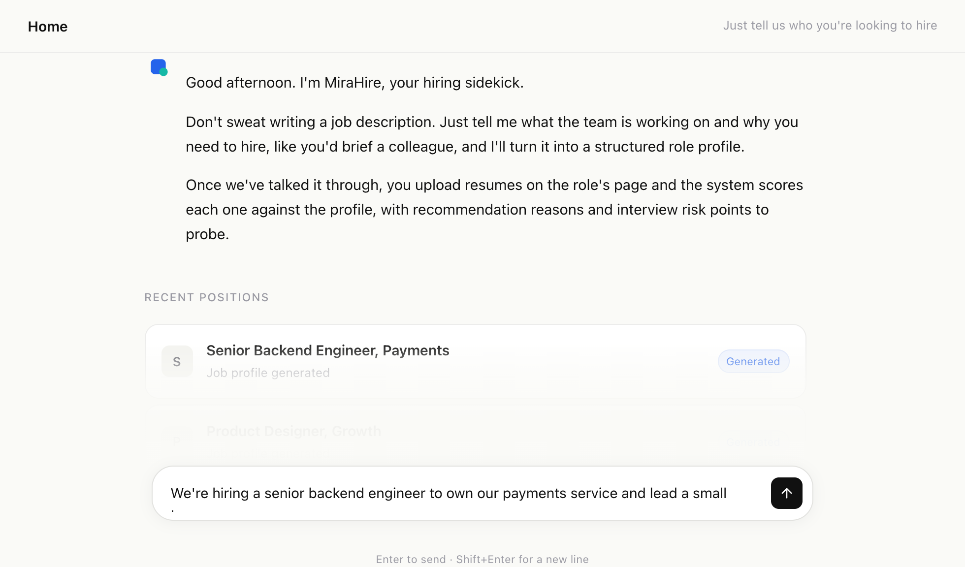 MiraHire conversational role creation interface